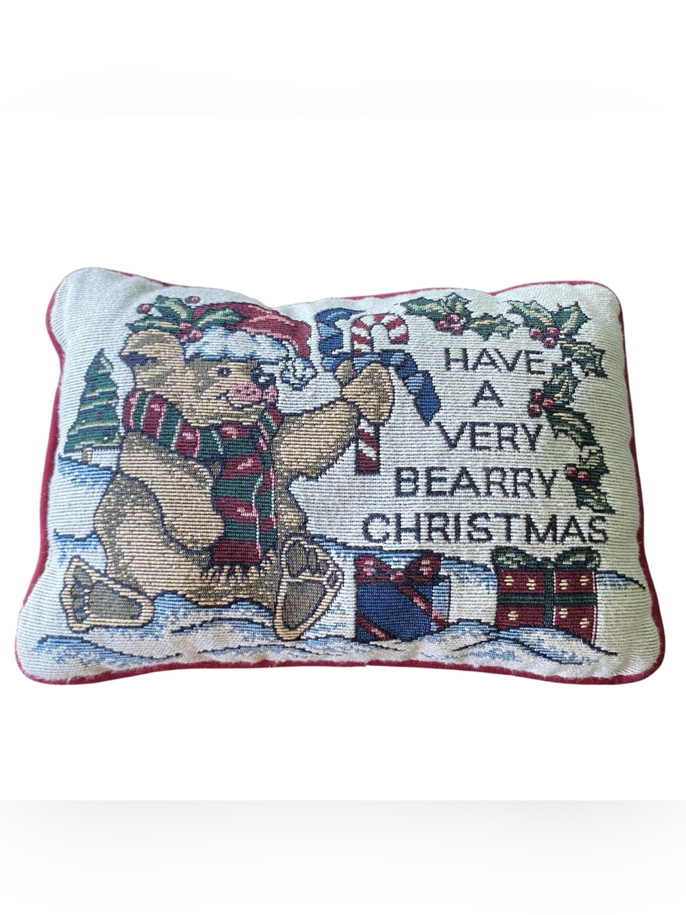 Holiday Tapestry Throw Pillow HAVE A VERY BEARRY CHRISTMAS Decorative Grannycore